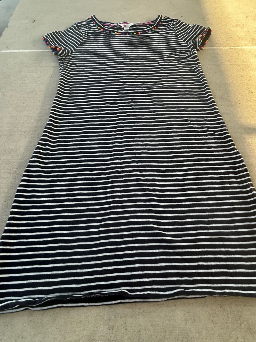 Boden Navy Blue White Stripe Colorful Pom Pom T-shirt Charlie Dress - Picture 2 of 5